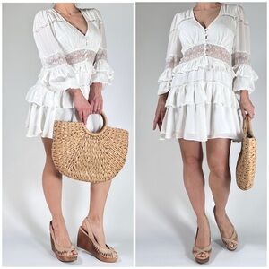 CINQ A SEPT Sanya Mini Dress Ivory Pure Silk Lace Ruffle Size 0